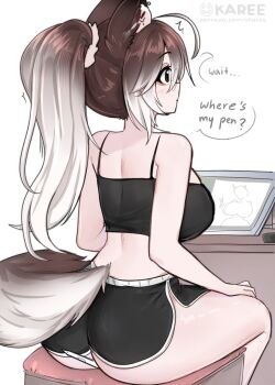  1girl animal_ear_fluff animal_ears ass bare_arms bare_shoulders black_shorts blush breasts brown_hair commentary crop_top dolphin_shorts drawing_tablet english_commentary english_text from_behind glasses gradient_hair grey_eyes grey_hair grey_tail hair_between_eyes hands_on_own_thighs high_ponytail highres indie_virtual_youtuber large_breasts multicolored_hair okariin okariin_(vtuber) patreon_logo patreon_username ponytail round_eyewear short_shorts shorts sidelocks sitting solo speech_bubble stylus tail thighs two-tone_tail white_background wolf_ears wolf_girl wolf_tail 