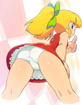 1girl ass blue_eyes dress finger_to_mouth from_behind from_below grin hand_on_own_thigh kneepits leaning_forward legs legs_apart loli long_hair looking_back mega_man_(classic) mega_man_(series) om_(nk2007) panties ponytail ribbon roll_(mega_man) short_dress sleeveless sleeveless_dress smile solo thighs underwear white_panties rating:Questionable score:267 user:danbooru