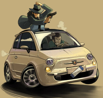  2boys arsene_lupin_iii beard black_jacket black_necktie bowieknife car driving facial_hair fedora fiat fiat_500 green_jacket gun handgun hat jacket jigen_daisuke lupin_iii male_focus motor_vehicle multiple_boys necktie revolver sideburns tms_entertainment vehicle_focus weapon  rating:Sensitive score:13 user:danbooru