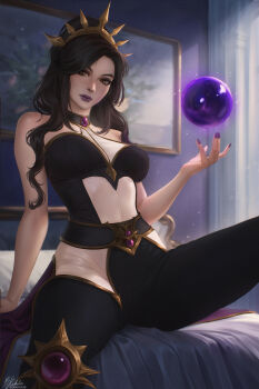  1girl arm_support bare_shoulders black_hair black_pants breasts brown_eyes commentary crown diablo_(series) diablo_3 high_ponytail highres large_breasts li-ming long_hair looking_at_viewer nebula_(neebulaart) pants ponytail purple_lips purple_nails sitting solo spread_legs 