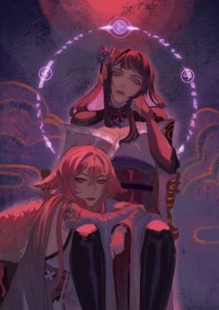  2girls animal_ears bridal_gauntlets chuupep commentary english_commentary fox_ears fox_girl genshin_impact hair_between_eyes hair_ornament highres long_hair looking_at_viewer mitsudomoe_(shape) moon multiple_girls purple_eyes raiden_shogun red_moon sitting tomoe_(symbol) yae_miko 