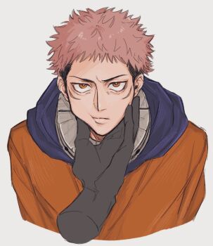  1boy 1other black_hair closed_mouth commentary_request cropped_torso disembodied_hand grabbing_another's_chin hand_on_another's_chin highres hood hoodie itadori_yuuji jujutsu_kaisen looking_at_viewer male_focus multicolored_hair orioriorio_415 pink_hair simple_background solo_focus two-tone_hair undercut white_background 