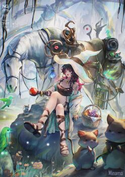  1girl absurdres animal_skeleton apple basket bird black_hair book bracelet braid breasts brown_eyes cleavage commentary_request crop_top crossed_legs fantasy flower food fruit grapes hat highres holding holding_food holding_fruit horse jewelry long_hair mage_staff minamo_(edosei_edo) mouse_(animal) multicolored_hair on_rock original pink_flower pink_hair potion saddle shoulder_tattoo sitting solo staff tattoo two-tone_hair white_hat witch witch_hat 