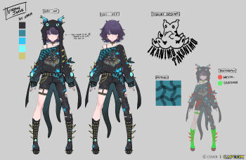  1girl asymmetrical_clothes belt black_belt black_boots black_hat black_pants black_sweater blue_eyes blunt_bangs boots character_hat color_guide commentary copyright_name denim english_commentary full_body garter_straps gradient_hair grey_background hat hololive hololive_english jeans jewelry long_sleeves mole mole_under_eye monster_hunter_(series) monster_hunter_wilds multicolored_hair necklace ninomae_ina'nis ninomae_ina'nis_(artist) ninomae_ina'nis_(nu_udra) notes nu_udra official_alternate_costume official_alternate_hairstyle official_art orange_hair paint_on_clothes paint_splatter pants pendant_choker platform_boots pointing_out_the_details pointy_ears puffy_long_sleeves puffy_sleeves purple_hair reference_sheet short_hair simple_background single_garter_strap single_off_shoulder single_pantsleg sleeves_past_wrists spiked_boots sweater sweater_partially_tucked_in tentacle_hair thigh_strap torn_clothes torn_pants virtual_youtuber wallet_chain wavy_hair 