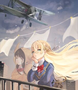  2girls absurdres against_railing aircraft airplane asakura_karen_(heaven_burns_red) biplane black_hair blonde_hair blue_eyes bow bowtie braid building closed_eyes closed_mouth cloud commentary_request floating_hair hair_ribbon head_rest heaven_burns_red highres hood hoodie horned_hood horns laundry long_hair low_twintails multiple_girls railing red_bow red_bowtie ribbon school_uniform terulion1192 toujou_tsukasa twintails white_ribbon yellow_hoodie 