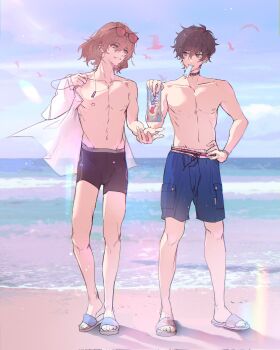  2boys akechi_gorou amamiya_ren beach black_hair brown_hair food food_in_mouth full_body hand_on_own_hip highres looking_at_another male_focus male_swimwear metoerwarrior multiple_boys nipples persona persona_5 popsicle popsicle_in_mouth sandals short_hair sky standing swim_trunks toned toned_male topless_male 