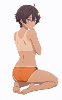  back bad_tag bikini brown_hair full_body hair_ornament looking_at_viewer looking_back make_heroine_ga_oo_sugiru! no_bra orange_bikini purple_eyes swimsuit yakishio_lemon  rating:Questionable score:18 user:lawcs