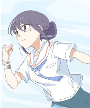  1girl aqua_skirt black_hair blue_background blue_necktie bracelet bright_pupils cho_kaguya-hime! clenched_hand closed_mouth commentary_request floating_neckwear green_eyes hair_between_eyes hair_bun hand_up highres jewelry looking_ahead mole mole_under_eye motion_lines necktie profile running sailor_collar sakai_animeta sakayori_iroha school_uniform serafuku shirt short_sleeves sidelocks sideways_mouth silver_bracelet simple_background single_hair_bun skirt solo speed_lines summer_uniform untucked_shirt upper_body white_pupils white_sailor_collar white_shirt 