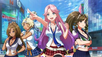  4girls aqua_eyes aqua_nails belt black_thighhighs blonde_hair blue_eyes blue_necktie blue_skirt blue_sky bracelet breasts brown_hair building city cleavage clenched_hand closed_mouth cloud cowboy_shot crossed_arms dark-skinned_female dark_skin day drill_hair earrings emily_orange eyewear_on_head finger_to_own_chin forehead_protector green_eyes gyaru hand_up hands_on_another's_back high_ponytail highres hoop_earrings jennifer_peach jewelry kandagawa_jet_girls katana kogal large_breasts long_hair medium_breasts midorikawa_yuzu midriff miniskirt mole mole_on_breast multiple_girls naruko_hanaharu navel necklace necktie non-web_source open_mouth outdoors outstretched_arm partially_unbuttoned pink_hair pink_nails plaid_clothes plaid_skirt pointing ponytail red_skirt school_uniform serafuku sheath sheathed shiraishi_manatsu short_hair short_sleeves skirt sky smile stud_earrings sunglasses sword teeth thighhighs twin_drills upper_teeth_only weapon white_belt zettai_ryouiki 