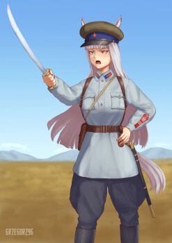  1girl absurdres animal_ears artist_name black_pants blue_sky cloud cloudy_sky commentary english_commentary gold_ship_(umamusume) grey_jacket grzegorz1996 guntou hand_on_own_hip hat highres hime_cut holding holding_sword holding_weapon horse_ears horse_girl horse_tail jacket military military_hat military_uniform mongolia mongolian_people's_army open_mouth pants peaked_cap purple_eyes purple_hair saber_(weapon) sky solo sword tail umamusume weapon 