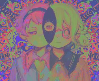  2girls :| abstract black_headband blouse blue_shirt buttons closed_mouth collar commentary diamond_button frilled_collar frills green_eyes green_hair gretia hair_between_eyes headband heart_button komeiji_koishi komeiji_satori looking_at_viewer multiple_girls pink_eyes pink_hair psychedelic ribbon-trimmed_collar ribbon_trim shirt short_hair siblings sisters third_eye touhou upper_body very_short_hair yellow_shirt  rating:General score:5 user:danbooru