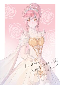  1girl absurdres armor bare_shoulders border breastplate brown_eyes cape character_name chinese_commentary closed_mouth collarbone commentary_request cowboy_shot dated dress eyelashes floral_background flower frilled_arm_warmers gradient_background hair_bun happy happy_birthday highres holding holding_sword holding_weapon infinity_nikki light_blush lipstick looking_at_viewer makeup melody_bloom_(infinity_nikki) nikki_(nikki) nikki_(series) nostrils off-shoulder_dress off_shoulder outside_border pink_background pink_hair pink_lips pleated_dress rose short_hair_with_long_locks short_sleeves sidelocks single_hair_bun smile solo standing swept_bangs sword tiara updo wang_jue wavy_hair weapon white_arm_warmers white_border white_cape white_dress 
