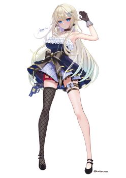  1girl absurdres aizawa_ema aqua_hair bare_shoulders black_bow black_gloves black_shoes black_thighhighs blonde_hair blue_eyes bow breasts commentary_request dress fishnets full_body gloves gradient_hair hand_up highres inari_(ambercrown) light_smile long_hair multicolored_hair parted_lips shoes simple_background single_bare_leg single_thighhigh solo standing strapless strapless_dress thighhighs very_long_hair virtual_youtuber vspo! white_background 