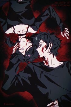  1boy 1girl absurdres ahoge andrew_graves antenna_hair ashley_graves black_choker black_hair black_shirt black_sweater blood blood_on_chest blood_on_clothes blood_on_face blood_on_hands blood_on_neck bra_strap breasts brother_and_sister choker chromatic_aberration cleavage closed_eyes closed_mouth collarbone commentary copyright_name empty_eyes english_text expressionless frown green_eyes hair_between_eyes hand_on_own_stomach hand_up highres huachajiangqwq long_sleeves looking_at_another low_side_ponytail profile puffy_long_sleeves puffy_sleeves shirt short_hair siblings side_ponytail simple_background sleeves_past_wrists small_breasts sweater the_coffin_of_andy_and_leyley u_u untranslatable_commentary upper_body upside-down 