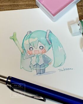 1girl art_tools_in_frame artist_name black_boots black_skirt black_sleeves blue_hair blue_necktie blush_stickers boots chibi chibi_only collared_shirt commentary detached_sleeves double-parted_bangs food full_body grey_shirt hachune_miku hair_between_eyes hatsune_miku highres holding holding_food holding_spring_onion holding_vegetable leekspin_(meme) long_hair long_sleeves meme necktie o_o open_mouth pleated_skirt rukaon shirt simple_background skirt sleeveless sleeveless_shirt solo spring_onion standing thigh_boots thighhighs traditional_media twintails twitter_username untranslatable_commentary vegetable vocaloid white_background wide_sleeves zettai_ryouiki