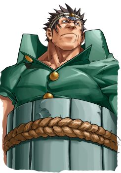  1boy absurdres edaki_shin'ya forked_eyebrows gakuran game_cg headpiece highres isurugi_gan justice_gakuen male_focus moero!_justice_gakuen muscular muscular_male non-web_source official_art rope_belt school_uniform simple_background solo spiked_hair standing torn_clothes torn_sleeves white_background 