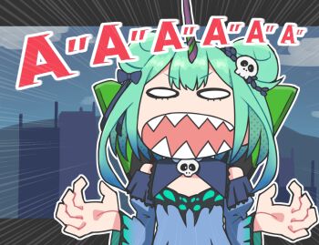  1girl aqua_hair blue_bow blue_bowtie blue_collar blue_dress blue_sleeves bow bowtie brooch collar commentary_request cosplay detached_collar detached_sleeves double_bun dress emphasis_lines eva_01 eva_01_(cosplay) hair_bow hair_bun hair_ornament hololive jewelry juliet_sleeves kidoriyacats letterboxed long_sleeves neon_genesis_evangelion outline puffy_sleeves sharp_teeth skull_hair_ornament solo sound_effects teeth uruha_rushia uruha_rushia_(1st_costume) virtual_youtuber white_outline wide_oval_eyes 