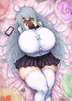  1girl 2b-ge ahoge bed black_skirt breasts candy chocolate cowboy_shot female_focus food gigantic_breasts grey_hair hair_over_one_eye heart_chocolates highres holding holding_chocolate holding_food japanese_text legs long_hair looking_at_viewer lying mei_(2b-ge) on_bed original pillow pink_background shirt skindentation skirt solo taut_clothes taut_shirt thick_thighs thighhighs thighs valentine w_arms white_shirt white_thighhighs zettai_ryouiki  rating:Questionable score:31 user:Bob_Toronja