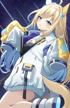  1girl absurdres ahoge animal_ears bandeau black_bandeau blonde_hair blue_eyes blue_hair blush boots breasts cleavage coat colored_inner_hair commentary_request diamond_hair_ornament ear_covers guram hair_between_eyes hair_ornament highres horse_ears horse_girl horse_tail jacket long_hair long_sleeves looking_at_viewer multicolored_hair neo_universe_(umamusume) neo_universe_(universe-naut)_(umamusume) night parted_lips shooting_star single_ear_cover sky sleeves_past_fingers sleeves_past_wrists solo star_(sky) tail two-tone_hair two-tone_tail umamusume white_boots white_coat 