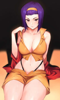 1girl absurdres bare_shoulders blush breasts brown_eyes cleavage clothes_pull collarbone cowboy_bebop crop_top dark_skin faye_valentine hair_pulled_back hairband highleg highleg_panties highres jacket large_breasts looking_at_viewer navel off_shoulder open_clothes open_jacket panties parted_lips purple_hair red_jacket rororo shirt_pull short_hair shorts sitting solo thighs underwear yellow_hairband yellow_shorts  rating:Sensitive score:59 user:danbooru