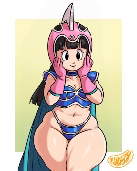 1girl armor bikini_armor black_eyes black_hair cape chi-chi_(dragon_ball) crop_top dragon_ball gloves hands_on_own_face helmet long_hair mandarina smile thick_thighs thighs thong wide_hips