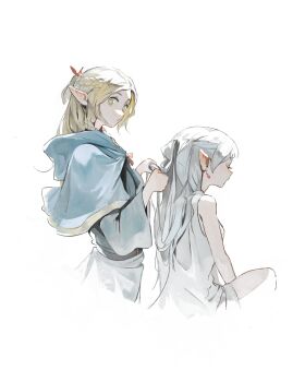  2girls :/ absurdres adjusting_another's_hair behind_another blonde_hair blue_capelet blue_dress braid bright_pupils capelet closed_eyes closed_mouth cropped_torso crossover dress dungeon_meshi earrings elf frieren from_side green_eyes grey_hair highres holding_another's_hair jewelry kanji_(nievart) long_hair long_sleeves looking_at_viewer marcille_donato multiple_girls pointy_ears profile season_connection simple_background sleeveless sleeveless_dress sousou_no_frieren teardrop_earrings white_background white_dress white_pupils wide_sleeves 