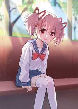  1girl :d asukaru_(magika_ru) blue_sailor_collar blue_skirt blush bow bowtie commentary_request dated dot_nose feet_out_of_frame highres kaname_madoka long_sleeves looking_at_viewer mahou_shoujo_madoka_magica open_mouth over-kneehighs pink_hair pleated_skirt red_bow red_bowtie red_eyes sailor_collar school_uniform serafuku shirt short_hair short_twintails signature sitting skirt smile solo thighhighs twintails white_shirt white_thighhighs zettai_ryouiki 