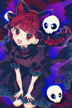  1girl :d animal_ears black_bow black_dress bow braid breasts cat_ears cat_girl colored_inner_animal_ears commentary_request dress extra_ears fang fingernails fire flaming_skull frilled_dress frilled_sleeves frills hair_bow highres kaenbyou_rin katsuragi_atori light_blush long_fingernails long_hair looking_at_viewer medium_breasts multiple_hair_bows open_mouth puffy_short_sleeves puffy_sleeves red_eyes red_hair red_ribbon ribbon sharp_fingernails short_sleeves skull sleeve_ribbon smile solo touhou twin_braids twitter_username 