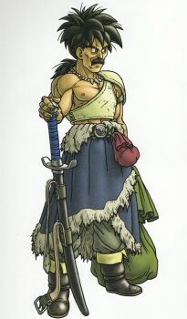  1boy absurdres armlet armor belt_buckle black_boots black_eyes black_facial_hair blue_shawl boots breastplate brown_pants buckle cheekbones dragon_quest dragon_quest_v facial_hair full_body highres jewelry looking_to_the_side low_ponytail male_focus mature_male muscular muscular_male mustache necklace nipples official_art pants papas pauldrons planted planted_sword planted_weapon ponytail scan shawl sheath sheathed shoulder_armor silver_armlet single_pauldron solo spiked_hair sword third-party_source tooth_necklace toriyama_akira weapon 