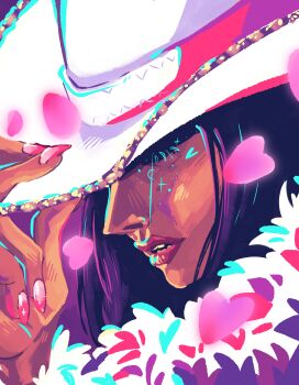 1girl absurdres black_hair coat commentary cowboy_hat falling_petals fur-trimmed_coat fur_trim hat hat_over_eyes highres nico_robin one_piece one_piece_(live_action) parted_lips petals pink_nails purple_background red_lips solo white_hat wigglesdtuff 