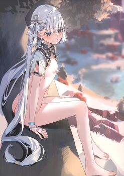 1girl absurdres arm_strap blurry blurry_background blush bow breasts colored_eyelashes detached_collar detached_sleeves grey_eyes hair_bow hair_ornament highres jinhsi_(wuthering_waves) loli long_hair looking_at_viewer mole mole_on_thigh mole_under_eye nipples nude sitting small_breasts solo toes twintails very_long_hair white_eyelashes white_hair wuthering_waves xiao_lin_jiu rating:Questionable score:211 user:danbooru