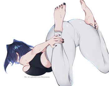  1girl absurdres barefoot black_sports_bra blue_hair breasts cameltoe commentary english_commentary feet_up grabbing_own_ankles highres hololive hololive_english large_breasts lying maria_(marymeow) nail_polish on_stomach ouro_kronii paid_reward_available pants reverse_yogic_sleep_pose simple_background solo sports_bra toenail_polish toenails top-down_bottom-up virtual_youtuber white_background white_pants yoga yoga_pants 