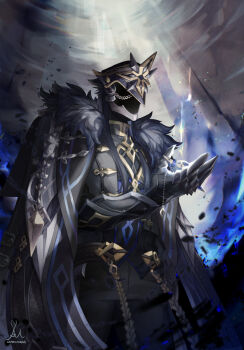  1boy aran_mame arm_up armor black_coat black_helmet black_pants black_shirt capitano_(genshin_impact) coat collared_shirt commentary_request debris feet_out_of_frame fur-trimmed_collar fur_trim genshin_impact helmet highres light_rays male_focus open_clothes open_coat pants shirt signature solo standing sunbeam sunlight 