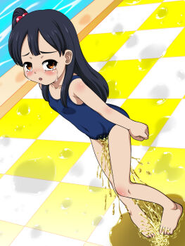  10s barefoot black_hair blue_one-piece_swimsuit blush botanzakura brown_eyes collarbone embarrassed feet flat_chest hair_bobbles hair_ornament highres kitashirakawa_anko loli long_hair looking_at_viewer one-piece_swimsuit open_mouth peeing peeing_self ponytail pool puddle red_eyes school_swimsuit side_ponytail standing swimsuit tamako_market tears teeth toes water yason_shain 