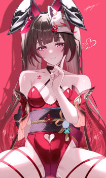  1girl absurdres alternate_costume animal_ears breasts brown_hair cleavage closed_mouth clothing_cutout collarbone commentary_request fake_animal_ears fox_mask heart_cutout highres honkai:_star_rail honkai_(series) index_finger_raised leotard long_hair looking_at_viewer mask mask_on_head medium_breasts miya-chan_(lightning0730) obi pink_background playboy_bunny rabbit_ears red_leotard sash signature simple_background smile solo sparkle_(honkai:_star_rail) tattoo twintails 