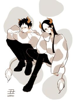  1boy 1girl black_hair black_pants boa_hancock earrings facial_hair full_body horns long_hair long_sleeves nanteiiyoru one_piece pants short_hair snake_earrings sweater tail trafalgar_law  rating:General score:1 user:Sukugumi1