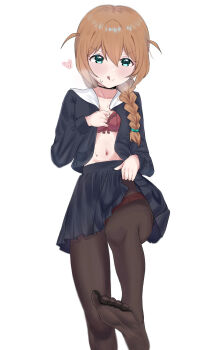  1girl :q baba_konomi black_shirt black_skirt blush bra braid breasts brown_hair brown_pantyhose closed_mouth clothes_lift commentary_request feet green_eyes hair_over_shoulder heart highres idolmaster idolmaster_million_live! lifting_own_clothes long_hair long_sleeves looking_at_viewer miniskirt no_shoes open_clothes open_shirt panties panties_under_pantyhose pantyhose pleated_skirt red_bra red_panties shirt simple_background single_braid skirt skirt_lift small_breasts smile soles solo standing toes tongue tongue_out two_side_up underwear vnekov white_background 