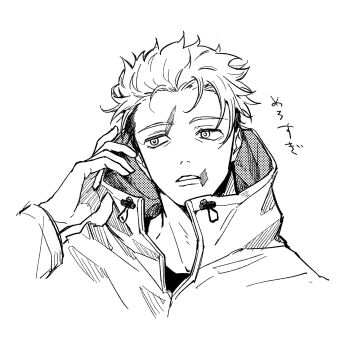  1boy 28cg arm_up cropped_shoulders greyscale highres itadori_yuuji jacket jujutsu_kaisen jujutsu_kaisen_modulo long_sleeves looking_to_the_side male_focus monochrome multiple_scars parted_lips scar scar_on_face shirt short_hair sideways_glance simple_background solo white_background 