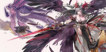  1girl absurdres aircraft airship boots breasts cleavage commentary_request crown dress feathered_wings feathers granblue_fantasy grey_hair high_heel_boots high_heels highres holding holding_sword holding_weapon horns houen idolmaster idolmaster_cinderella_girls kanzaki_ranko large_breasts long_hair looking_to_the_side purple_eyes smile sword thigh_boots ultimate_bahamut_(granblue_fantasy) unfinished weapon wings 