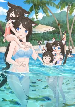  1boy 6+girls aina_(mao_lian) animal_ear_fluff animal_ears arms_up beach black_choker black_hair blue_bra blue_eyes blue_panties blush bra carrying cat_ears cat_tail child choker closed_eyes commission day family fang father_and_daughter fish forest grabbing_another's_face head_grab highres long_hair looking_at_another mao_lian_(nekokao) mother_and_daughter multiple_girls nature one-piece_swimsuit open_mouth original palm_tree panties parted_bangs pixiv_commission short_hair shoulder_carry siblings sisters standing swimsuit tail tree underwear underwear_only vacation wet wet_hair  rating:General score:45 user:danbooru