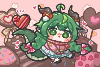  1girl ahoge blue_skirt chibi chibi_only chocolate chocolate_collector_ameris commentary_request dragon_tail frown full_body green_eyes green_hair guardian_tales horns jacket korean_commentary long_hair looking_at_viewer monyami pink_jacket scarf short_hair skirt solo tail 