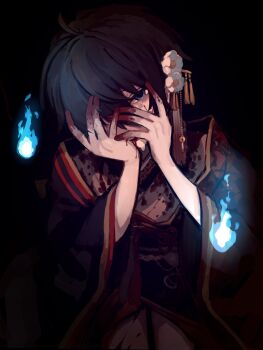  1boy black_background black_hair blood blood_on_clothes blood_on_hands blue_eyes blue_fire commentary_request cpseisan ensemble_stars! fire flower hair_flower hair_ornament hairpin hands_on_own_face highres japanese_clothes kagehira_mika kanzashi kimono long_sleeves looking_at_viewer male_focus official_alternate_costume school_festival_tamayori's_haunted_dollhouse_(ensemble_stars!) seiza short_hair simple_background sitting solo tassel tsumami_kanzashi wide_sleeves 