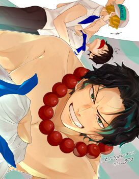  3boys black_hair blonde_hair commentary freckles fuji_1w hat highres jewelry male_focus monkey_d._luffy multiple_boys necklace one_piece pearl_necklace portgas_d._ace sabo_(one_piece) shirt short_hair smile topless_male v-shaped_eyebrows white_hat white_shirt 