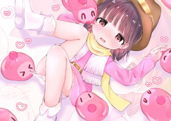  >_< 1girl @_@ ^_^ blush bomberman boots brown_hair closed_eyes cowboy_hat english_text from_above hat heart highres honey_(bomberman) hudson_soft jacket licking loli long_sleeves looking_at_viewer lying on_back open_mouth panties panty_pull pink_jacket red_eyes scarf short_hair slime_(creature) thank_you underwear white_boots white_panties yamamoto_kiyuu yellow_scarf  rating:Questionable score:25 user:halfpint