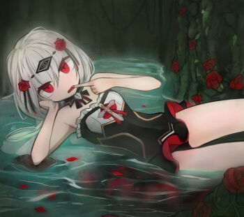  1girl black_dress black_panties commentary dress fang flower hand_on_own_cheek hand_on_own_face highres honkai_(series) honkai_impact_3rd long_hair looking_at_viewer open_mouth panties red_eyes red_flower red_rose rose sleeveless sleeveless_dress solo theresa_apocalypse theresa_apocalypse_(luna_kindred) underwear vampire vgb0568 wet wet_clothes wet_dress white_hair 