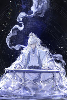  1boy blue_eyes blue_sash blue_scarf chinese_clothes chinese_commentary closed_mouth coat commentary_request danke_reverse_d daxiushan full_body guzheng hair_between_eyes hanfu high_ponytail highres indian_style instrument jewelry long_hair long_sleeves looking_down love_and_deepspace male_focus music necklace night open_clothes open_coat playing_instrument ponytail robe sash scarf shards silver_necklace sitting sky smoke solo star_(sky) star_trail starry_sky stole waist_sash watermark weibo_watermark white_coat white_hanfu white_robe wide_ponytail xavier_(love_and_deepspace) xiao_guan_(headdress) 