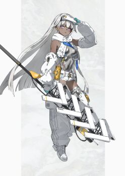  1girl breasts clothing_cutout cropped_jacket dark-skinned_female dark_skin detached_sleeves gloves grey_leotard head-mounted_display highres holding holding_staff leotard long_hair looking_at_viewer medium_breasts micro_shorts multicolored_gloves neco original purple_eyes shorts simple_background solo staff thigh_cutout two-tone_gloves white_hair white_shorts 