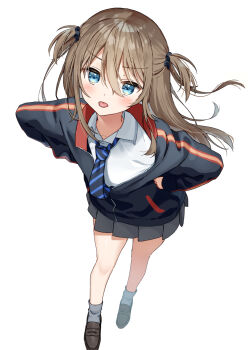  1girl bare_legs black_hoodie black_necktie black_scrunchie blue_eyes blue_necktie blush brown_hair brown_shoes closed_mouth collared_shirt dot_nose flat_chest full_body grey_skirt grey_socks grimace hair_between_eyes hands_on_own_hips highres hood hood_down hoodie light_frown loafers long_hair long_sleeves looking_at_viewer muninshiki necktie original pleated_skirt scrunchie shirt shoes short_twintails simple_background skirt socks solo standing striped_clothes striped_necktie tongue tongue_out twintails two_side_up white_background white_shirt zipper  rating:General score:9 user:danbooru