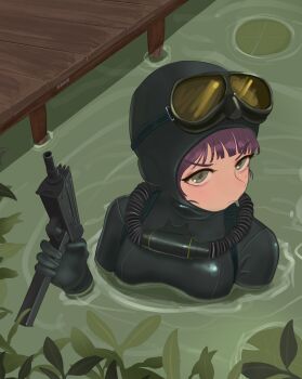  1girl absurdres black_bodysuit bodysuit breathing_tube diving_mask diving_mask_on_head diving_suit finger_on_trigger goggles goggles_on_head green_eyes gun highres holding holding_gun holding_weapon lily_pad looking_at_viewer original partially_submerged purple_hair scuba solo submachine_gun user_uwzp3724 weapon wetsuit 