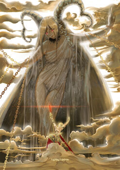  1boy 1girl absurdly_long_hair absurdres arm_tattoo armor arms_up artist_name babylonia_(fate/grand_order) blonde_hair braid chain chained chest_tattoo cloud commentary_request contrapposto curled_horns detached_collar divine_entity dragon_horns ea_(fate) earrings fate/grand_order fate_(series) full-body_tattoo giant giantess gilgamesh_(fate) glowing glowing_eyes glowing_weapon gold_armor hair_between_eyes highres holding holding_sword holding_weapon horns jewelry liguangze long_hair red_eyes sabaton see-through_clothes size_difference sword tattoo tiamat_(fate) toga topless_male very_long_hair weapon 